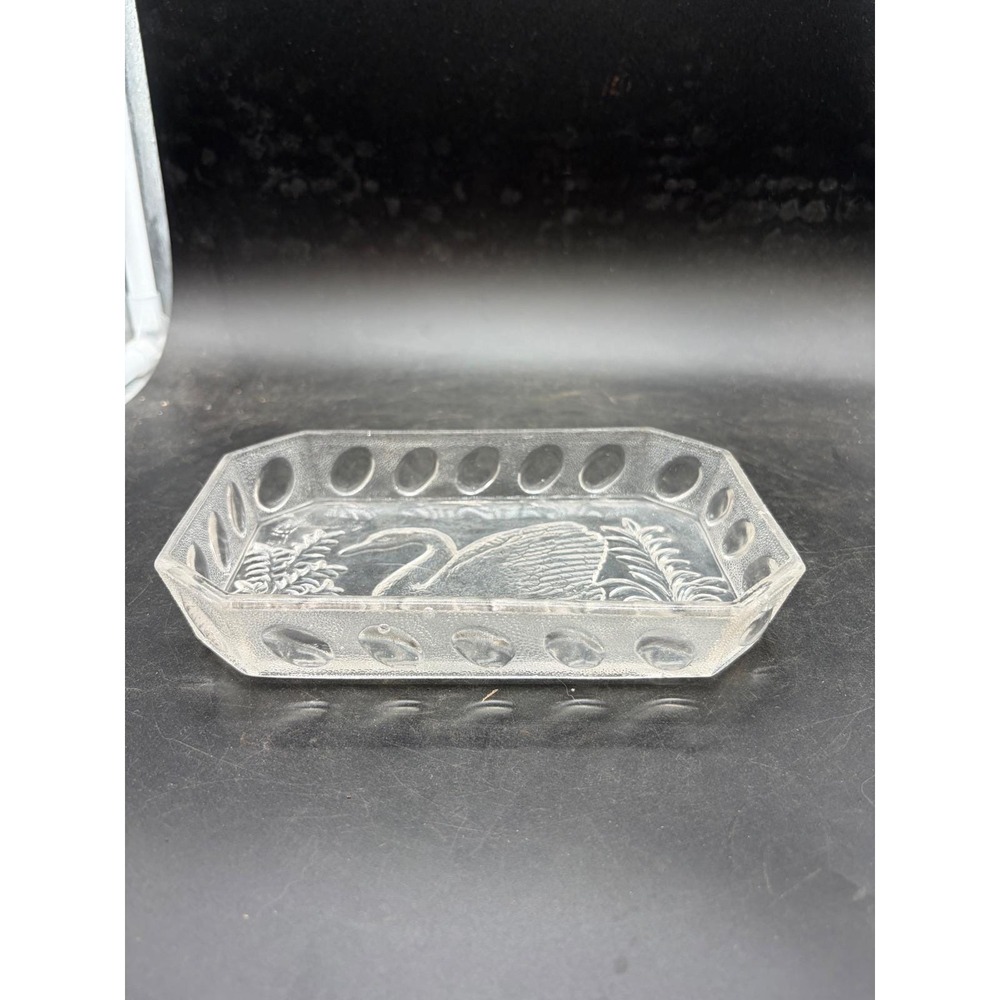 Vintage Clear Pressed‎ Glass Swan Trinket Dish Rectangular Soap Tray Thumbprint
